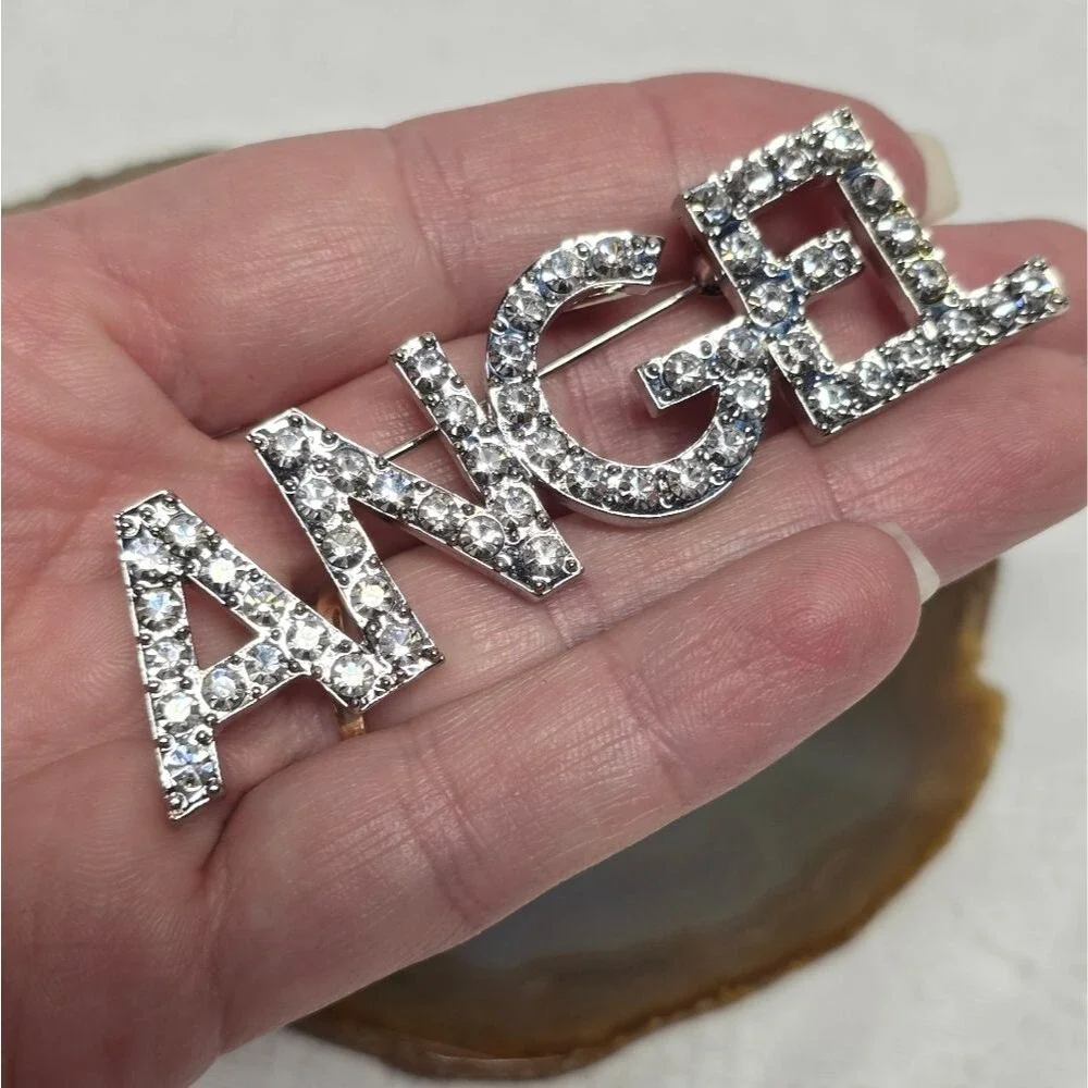 Vintage 90s Silver Tone Shiny Clear Crystal Rhinestone Word 